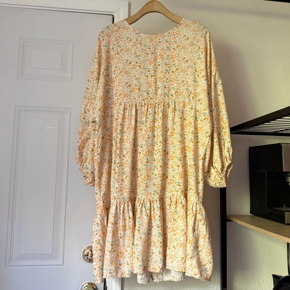 ELF HANDMADE white orange ditsy floral rayon babydoll tiered puff sleeve mini